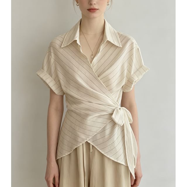 Striped Short Sleeve Asymmetric Hem Tie-Waist Shirt