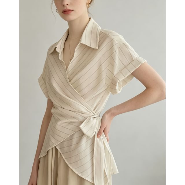 Striped Short Sleeve Asymmetric Hem Tie-Waist Shirt