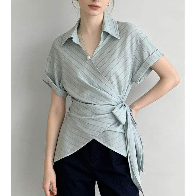 Striped Short Sleeve Asymmetric Hem Tie-Waist Shirt