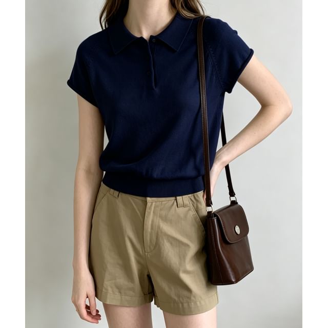 Short-Sleeve Knitted Polo Top