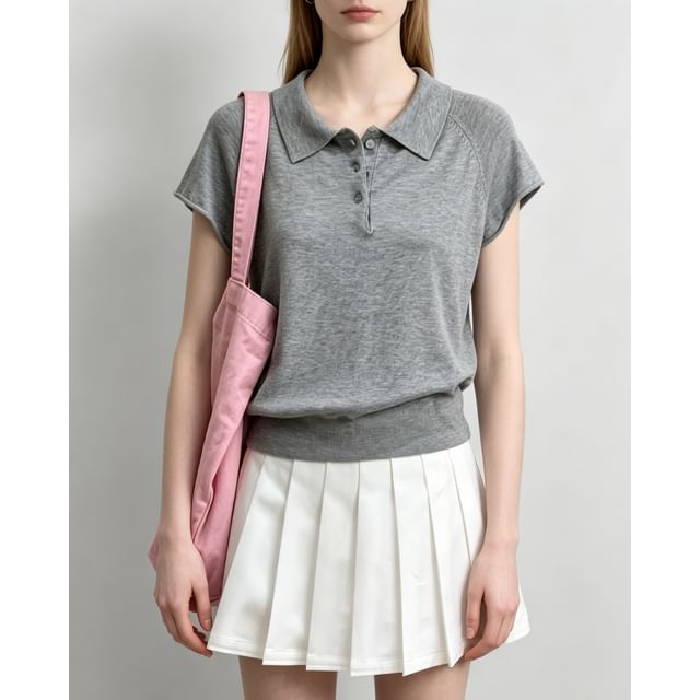 Knitted Plain Short Sleeve Polo Top