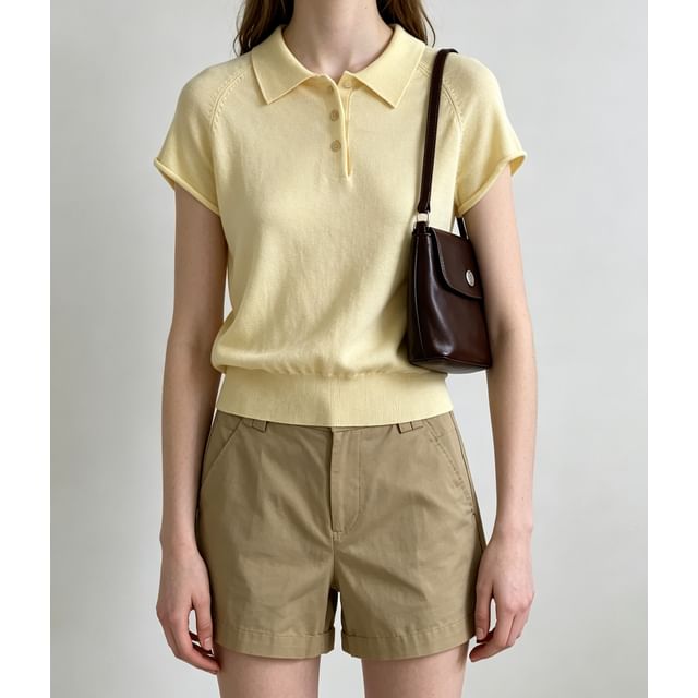 Knitted Plain Short Sleeve Polo Top