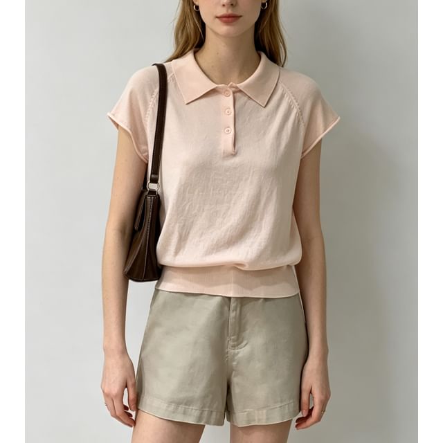 Knitted Plain Short Sleeve Polo Top