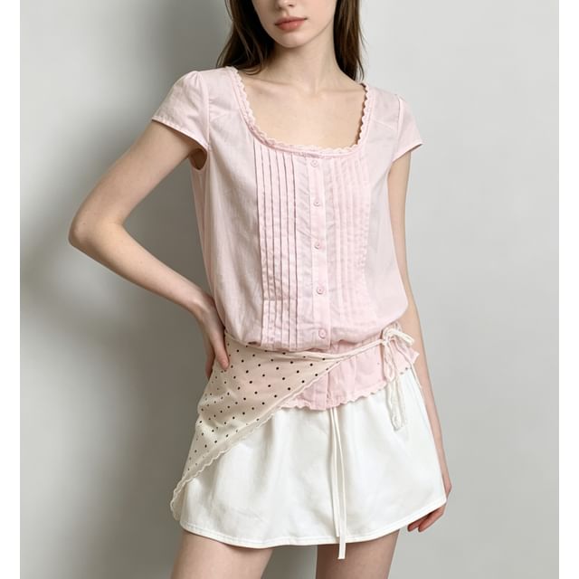Cap Sleeve Lace-Trim Pleated Square-Neck Blouse