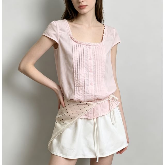 Lace-Trim Cap Sleeve Square-Neck Pleated Blouse
