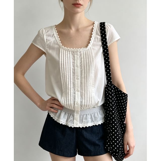 Cap Sleeve Lace-Trim Pleated Square-Neck Blouse