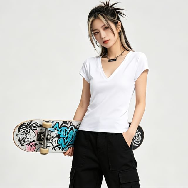 Short Sleeve V Neck Plain T Shirt