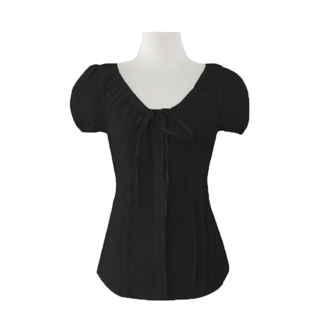 Puff Sleeve U-Neck Button Front Blouse