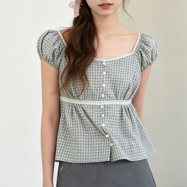 Square Neck Lace Trim Crop Blouse with Puff Sleeves