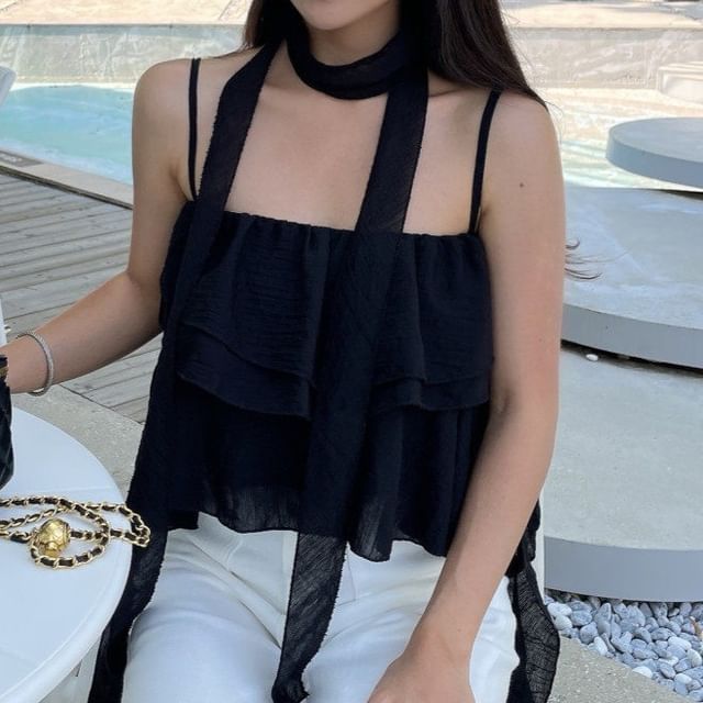 Tiered Ruffle Crop Camisole Set with Scarf