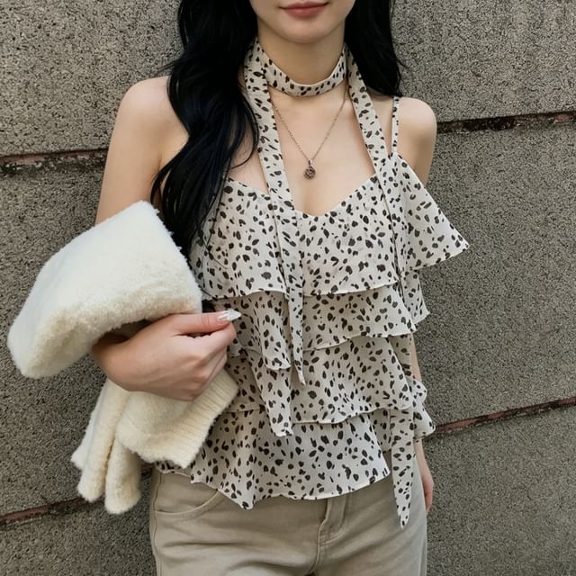 Leopard Print Tiered Ruffle Crop Set with Scarf