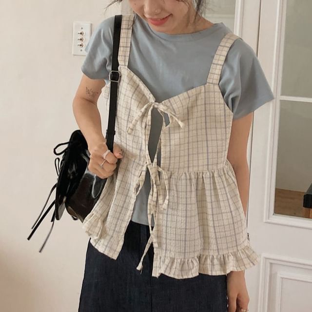 Plaid Tie Back Tank Top with Ruffle Hem