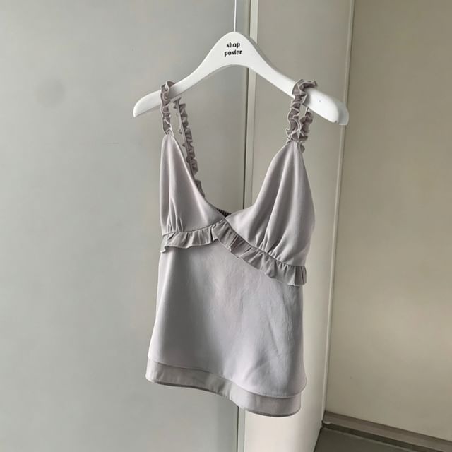 Sleeveless V-Neck Ruffle Trim Top