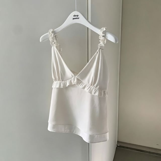 V-Neck Sleeveless Ruffle Trim Plain Top