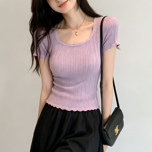 Ribbed Knit Scoop Neck Tee with Short Sleeves