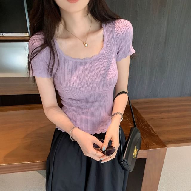 Ribbed Knit Scoop Neck Tee with Short Sleeves