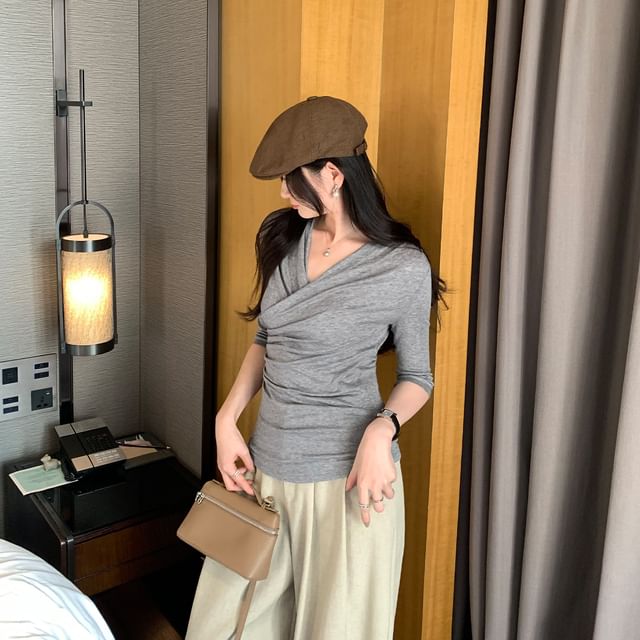 Wrap V-Neck Tee with Three-Quarter Sleeves
