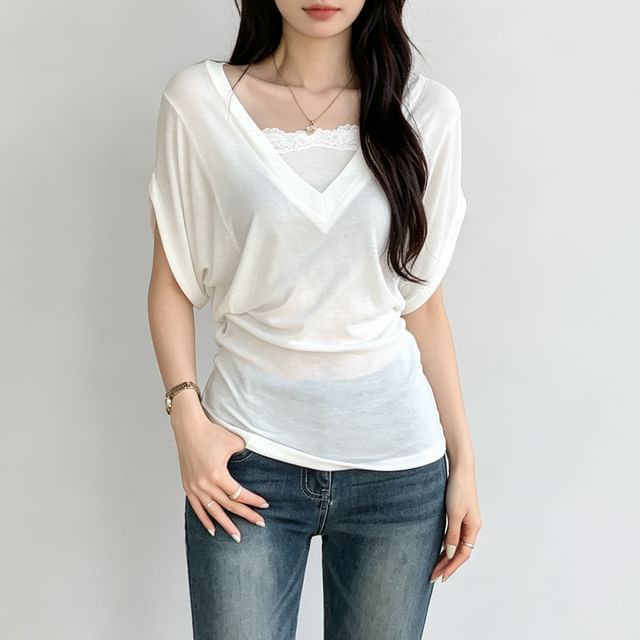 Lace Trim Square Neck Short Sleeve Tee