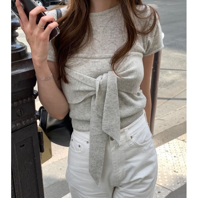 Set Short Sleeve Plain Slim Fit Knit Top Tie Front Tube Top