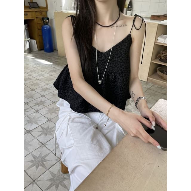 Tie Strap V Neck Plain Textured Loose Fit Camisole Top