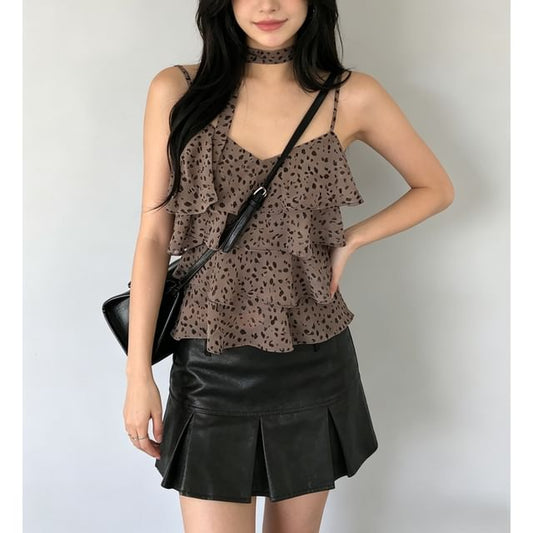 V Neck Leopard Sheer Layered Camisole Top