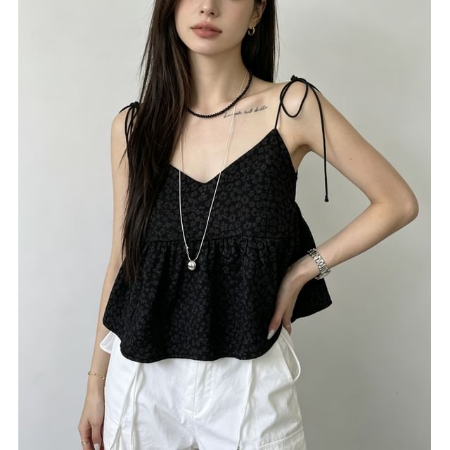 Tie Strap V Neck Plain Textured Loose Fit Camisole Top