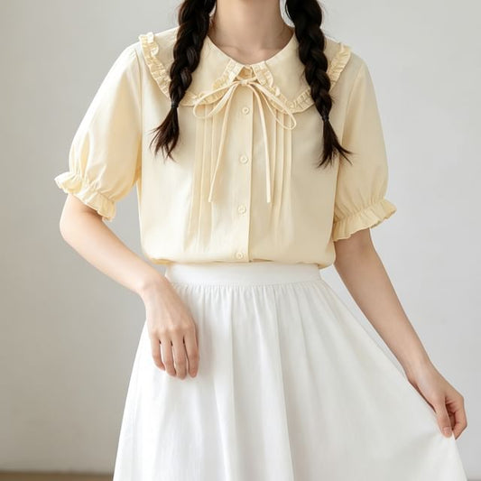 Puff Sleeve Ruffled Trim Button Blouse