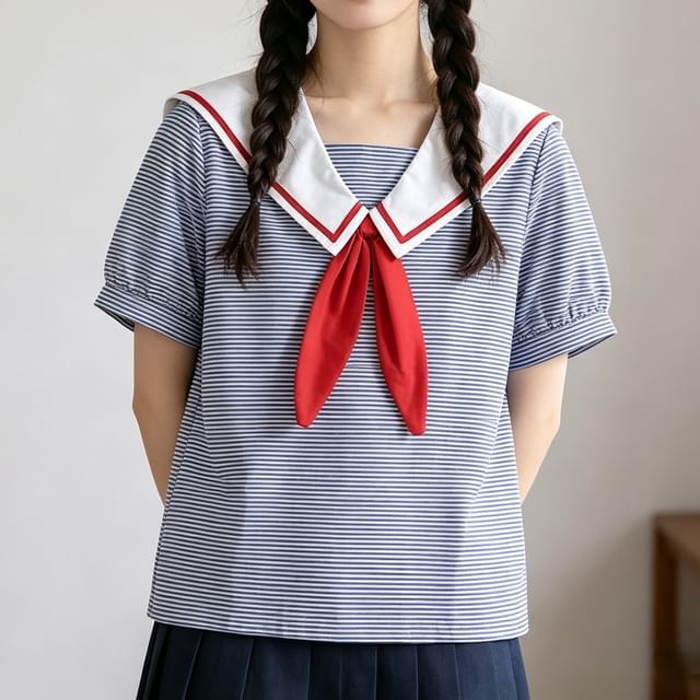 Striped Sailor Collar Puff Sleeve Blouse
