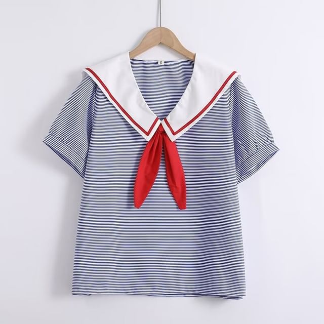 Striped Sailor Collar Puff Sleeve Blouse