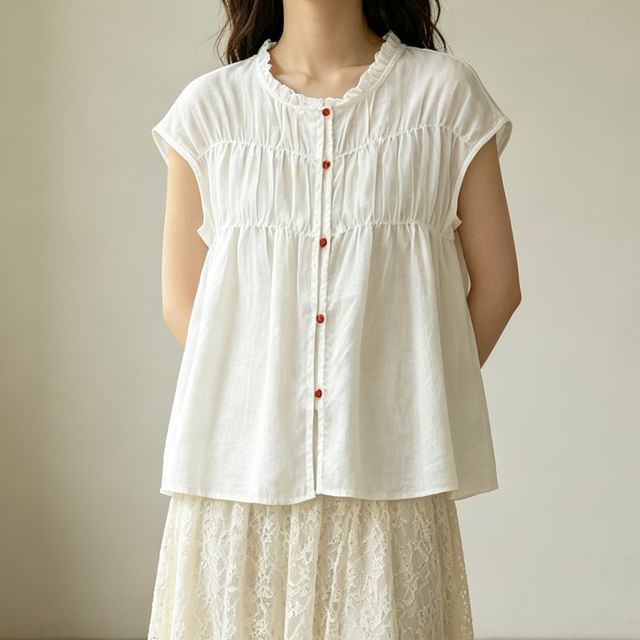 Shirred Ruffled Sleeveless Button Blouse