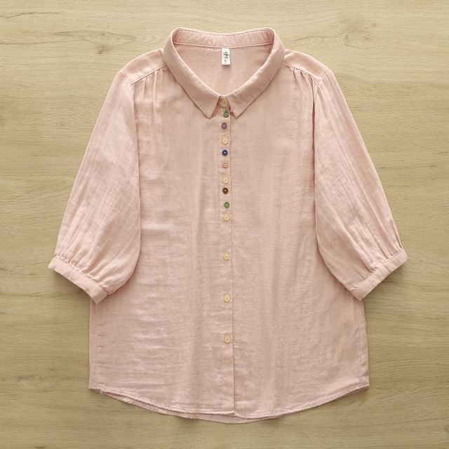 Puff Sleeve Button Front Solid Blouse