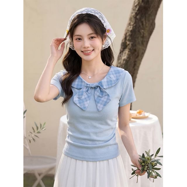 Plaid Tie Neck Short Sleeve Tee