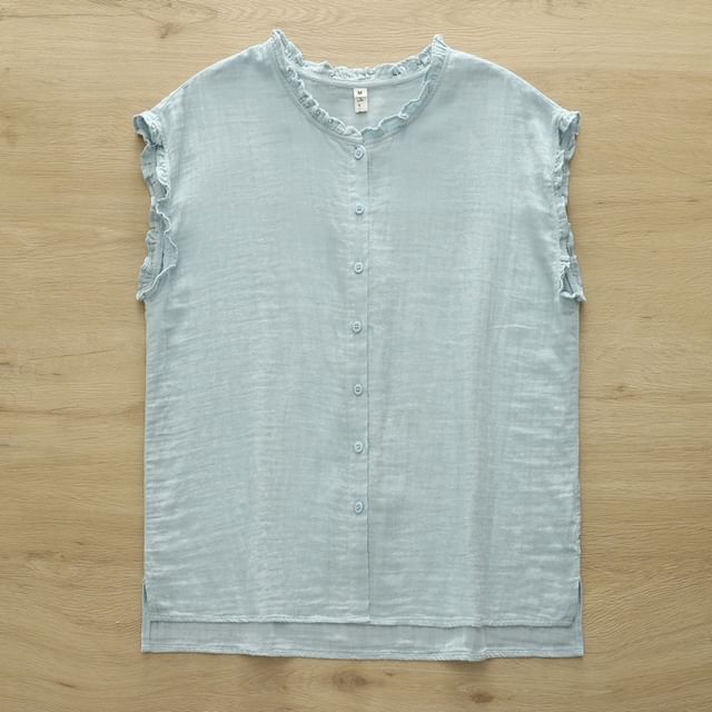 Ruffled Button Front Sleeveless Blouse