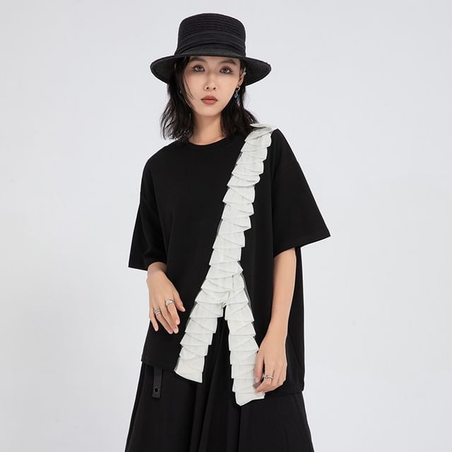 Asymmetric Crew Neck Tee with Ruffled Detail