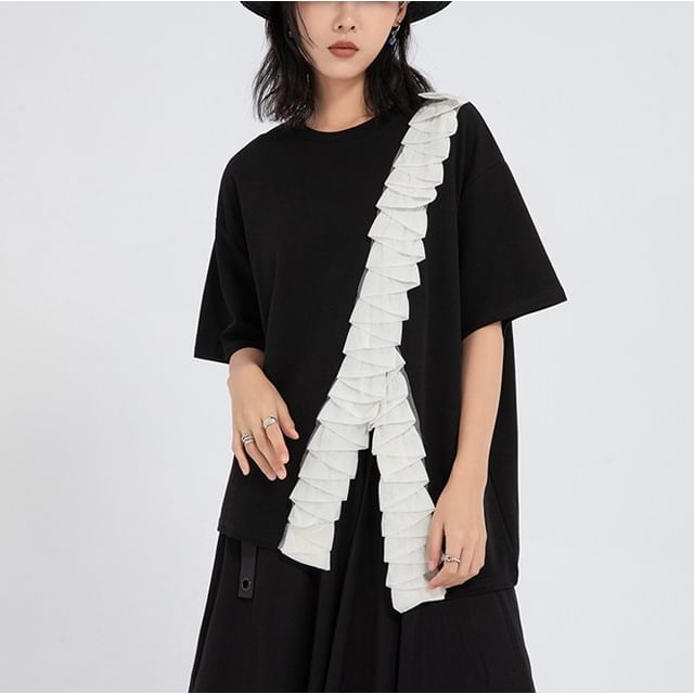 Asymmetric Crew Neck Tee with Ruffled Detail