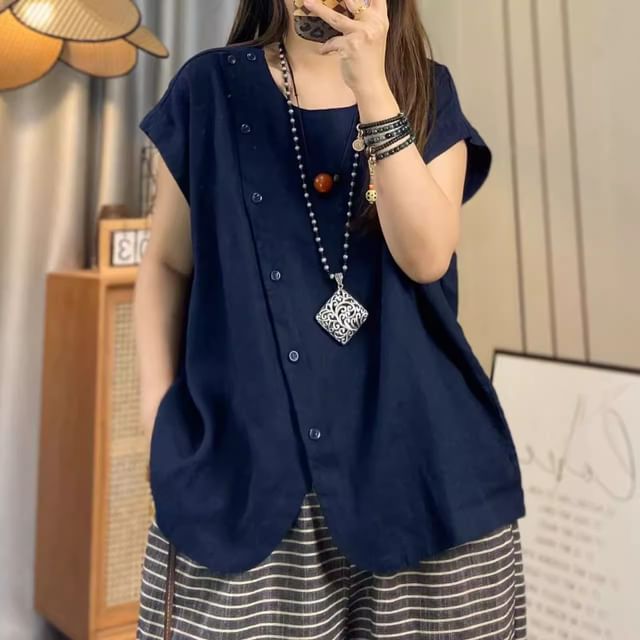 Button Front Slit Top with Cap Sleeves