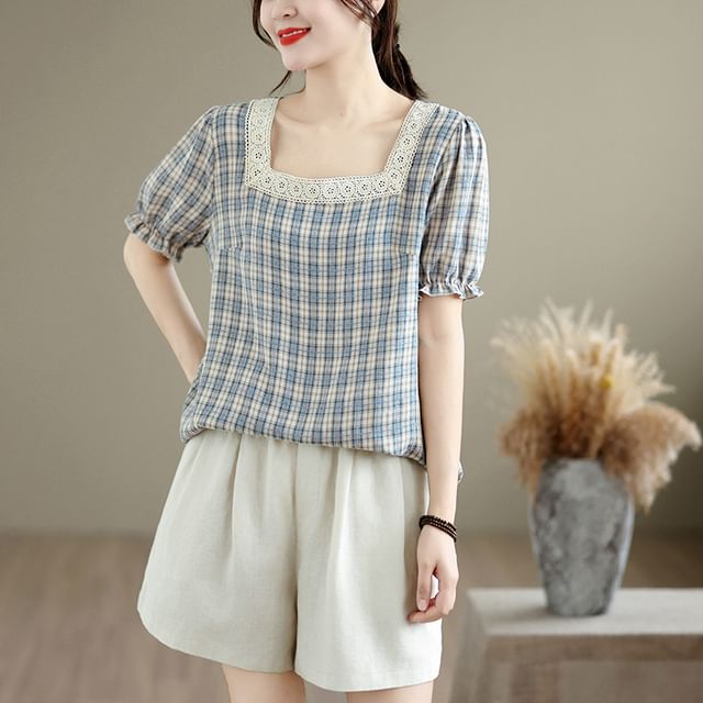 Square Neck Lace Trim Plaid Top
