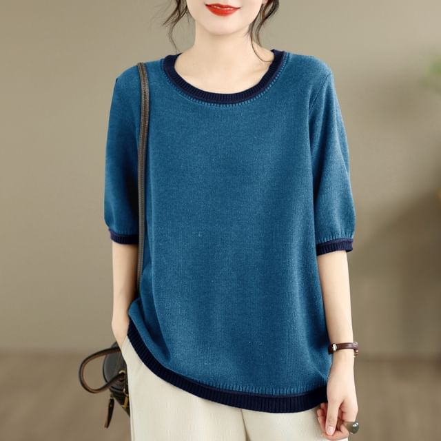 Contrast Trim Knit Top with Elbow Sleeves