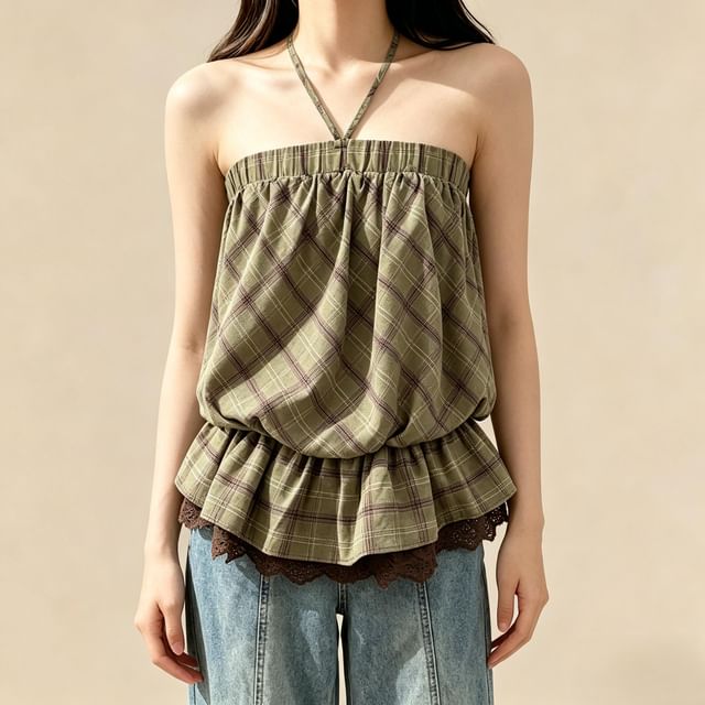 Plaid Lace Trim Halter Neck Sleeveless Top