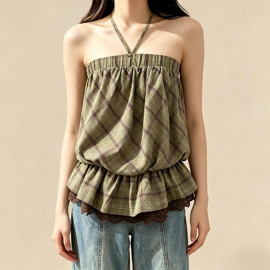 Plaid Lace Trim Halter Neck Sleeveless Top