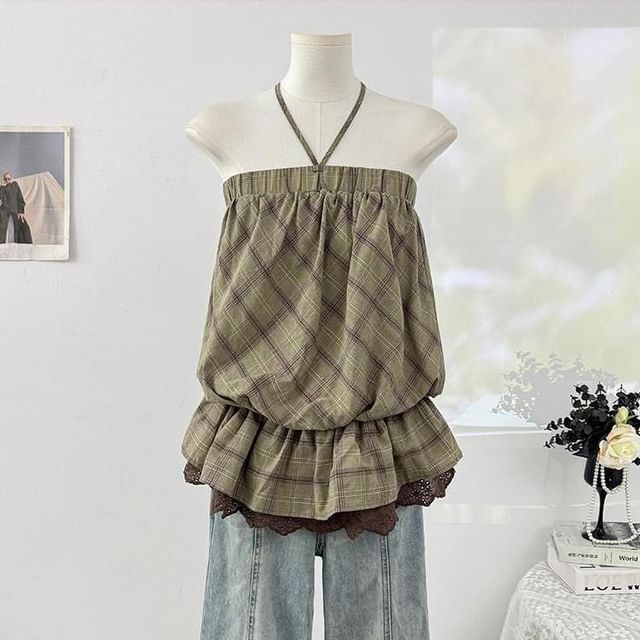 Plaid Lace Trim Halter Neck Sleeveless Top