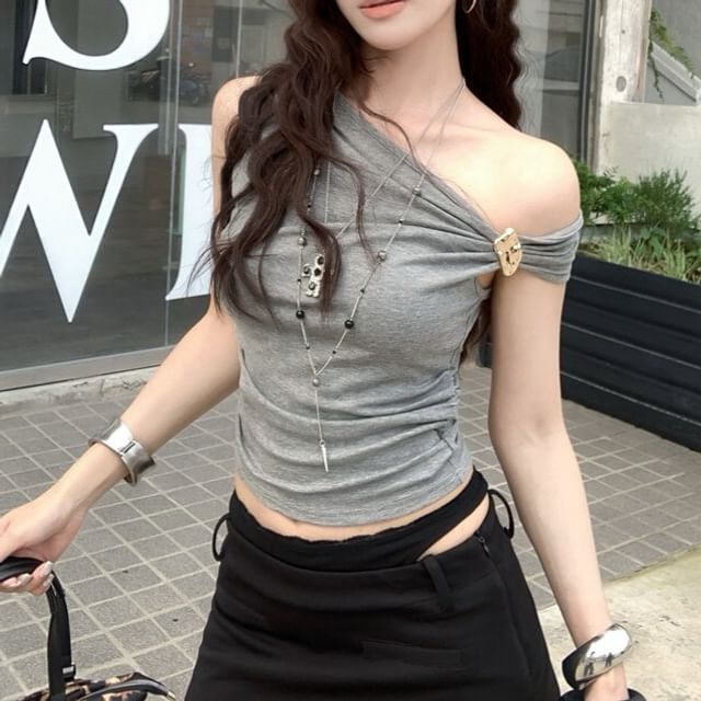 One Shoulder Asymmetrical Lace Shirred Crop Tee