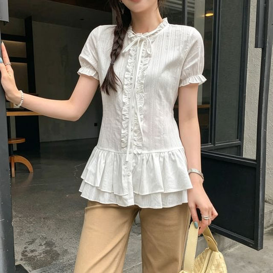Puff Sleeve Lace Ruffle Blouse