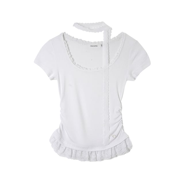 Set: Short-Sleeve Scoop Neck Lace Ruched Tee + Scarf
