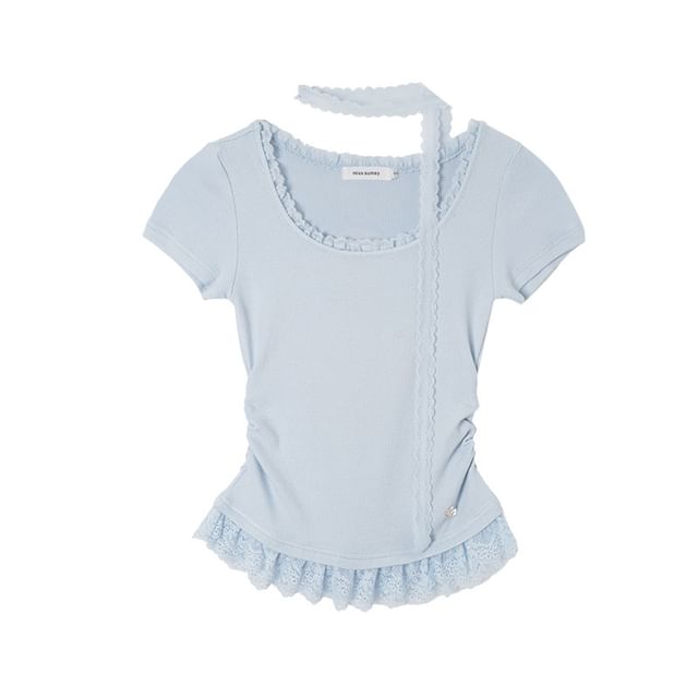 Set: Short-Sleeve Scoop Neck Lace Ruched Tee + Scarf