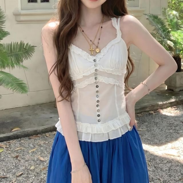 Halter V-Neck Frill Trim Slim Fit Top