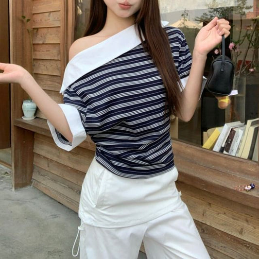 Elbow-Sleeve Off-Shoulder Striped Tee