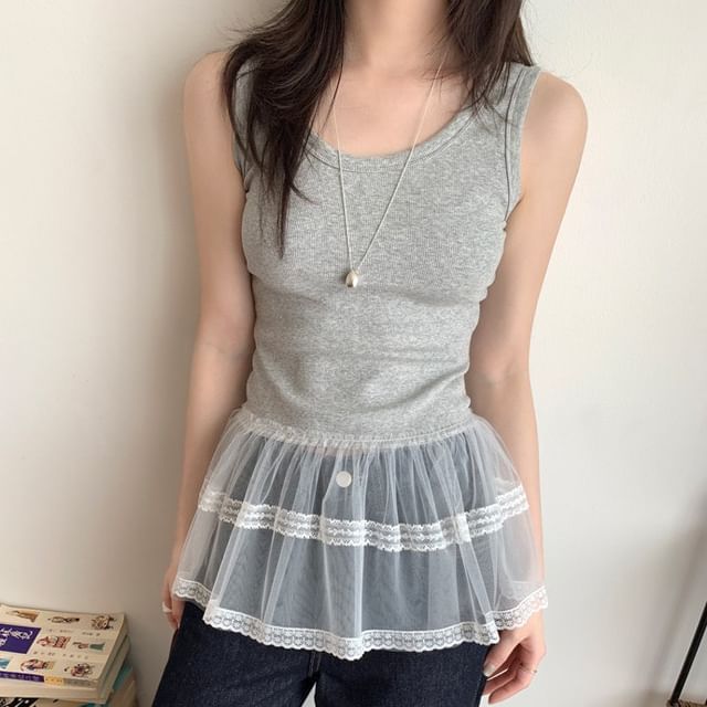 Scoop Neck Lace Panel Peplum Tank