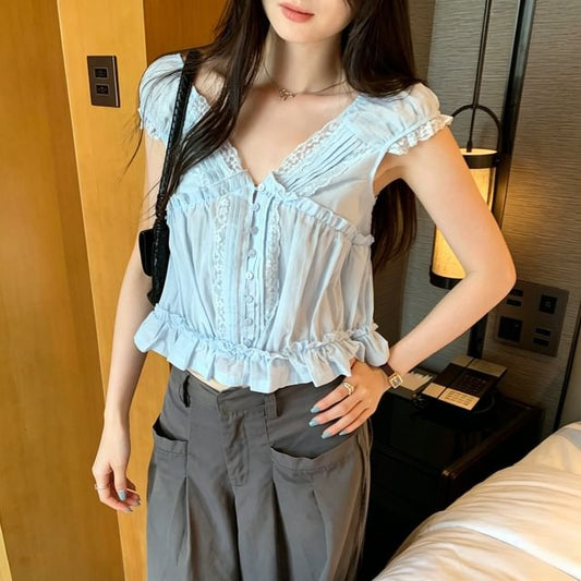 Cap-Sleeve V-Neck Lace Trim Pintuck Crop Blouse