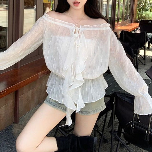 Long-Sleeve Off-Shoulder Sheer Tie-Front Blouse